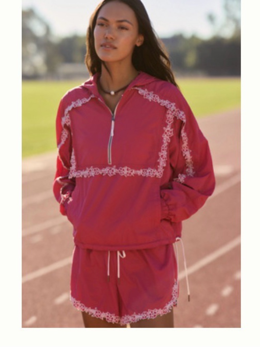 Anthropologie Pink Lace-Trim Pullover Windbreaker